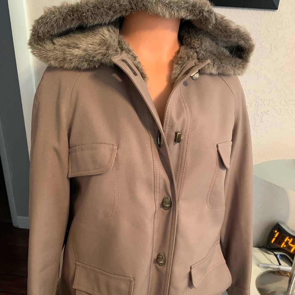 Women's Tan Fur-Trimmed Hooded Jacket
